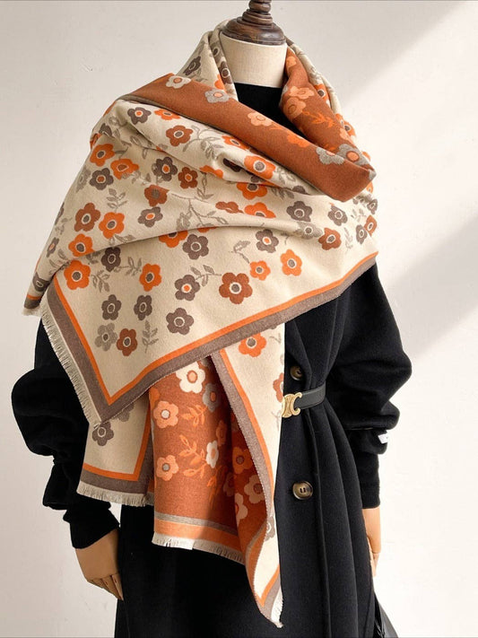 Retro Orange & Creamy White Reversible Scarvii Floral Shawl & Scarf