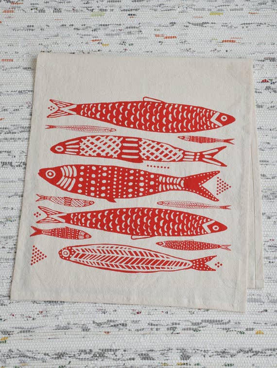 Organic Cotton Sardine Fish Print Tea Towel in Red