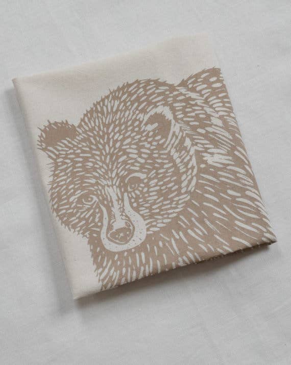 Mocha Brown Organic Cotton Bear Tea Towel Woodland Print