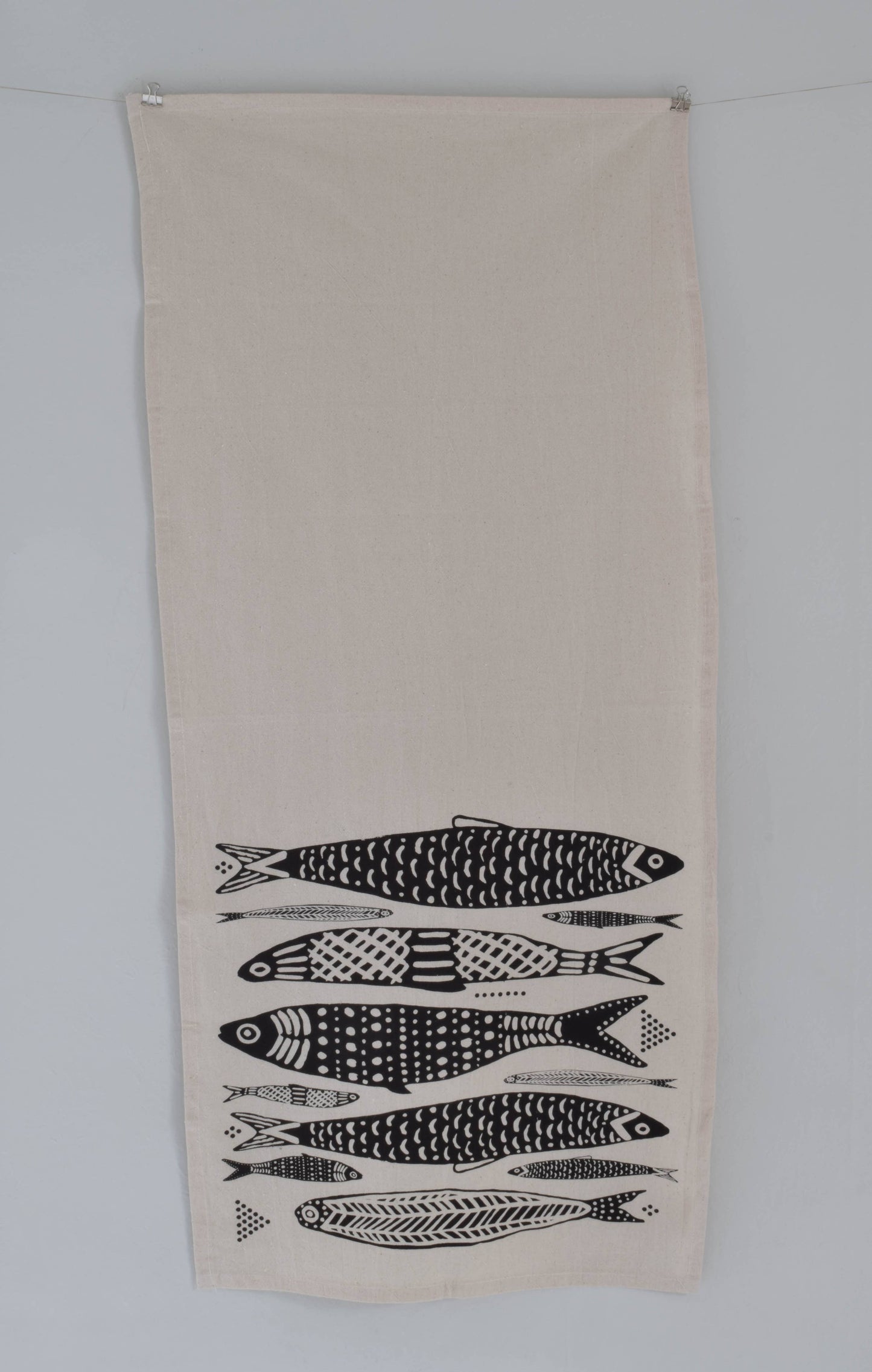 Organic Cotton Sardine Fish Print Tea Towel in Black