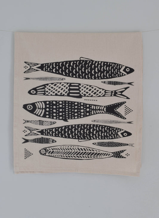 Organic Cotton Sardine Fish Print Tea Towel in Black