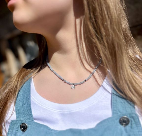 Angelite Gemstone Stretchy Necklace – Boho Western Jewelry with Stamped Sterling Silver Flower Pendant