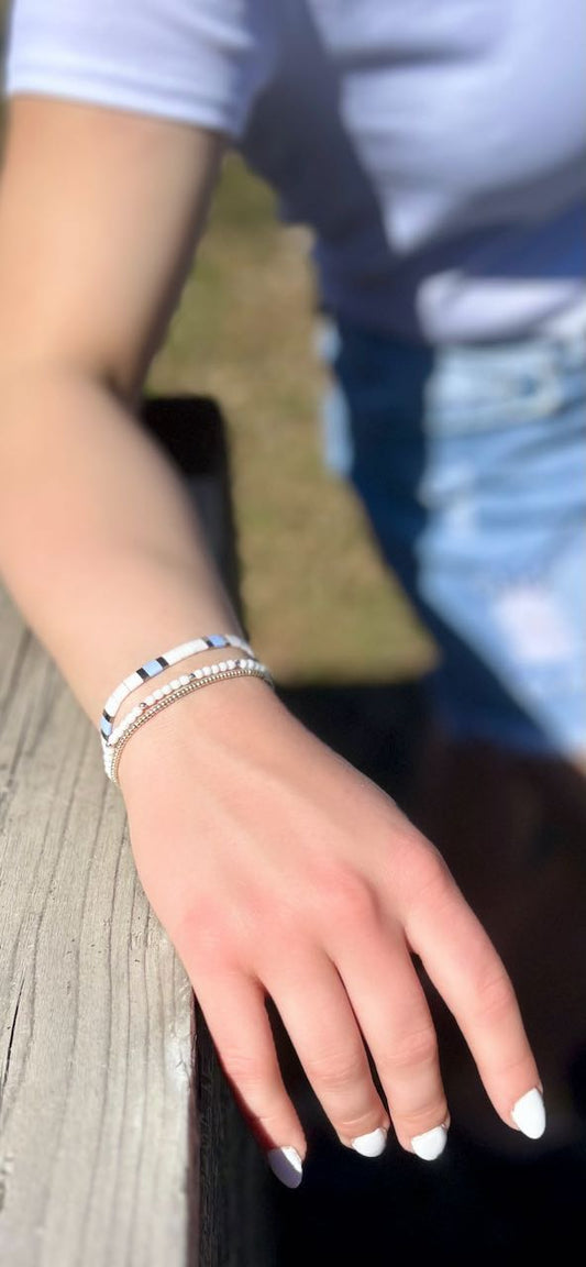 Bright White & Periwinkle Tila Bead Stacked Bracelet Set