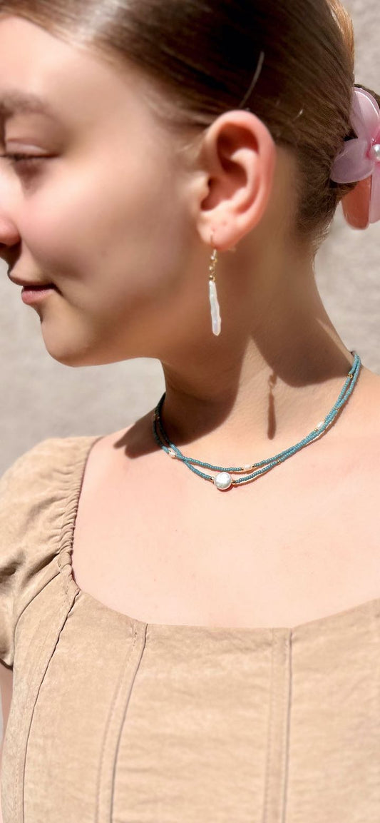 Stretchy Pale Blue Seed Bead & Freshwater Pearl Coin Necklace