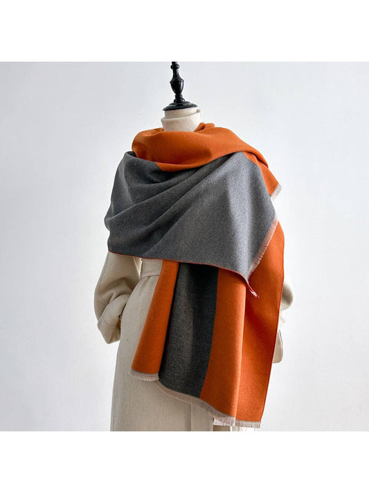 Orange & Grey Color Block Plush Fringe Scarvii Scarf & Shawl