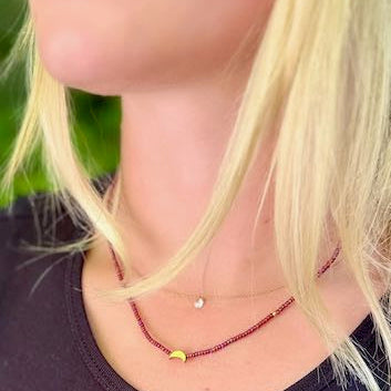 Raspberry Moon Boho Beaded Necklace with Gold Moon Charm