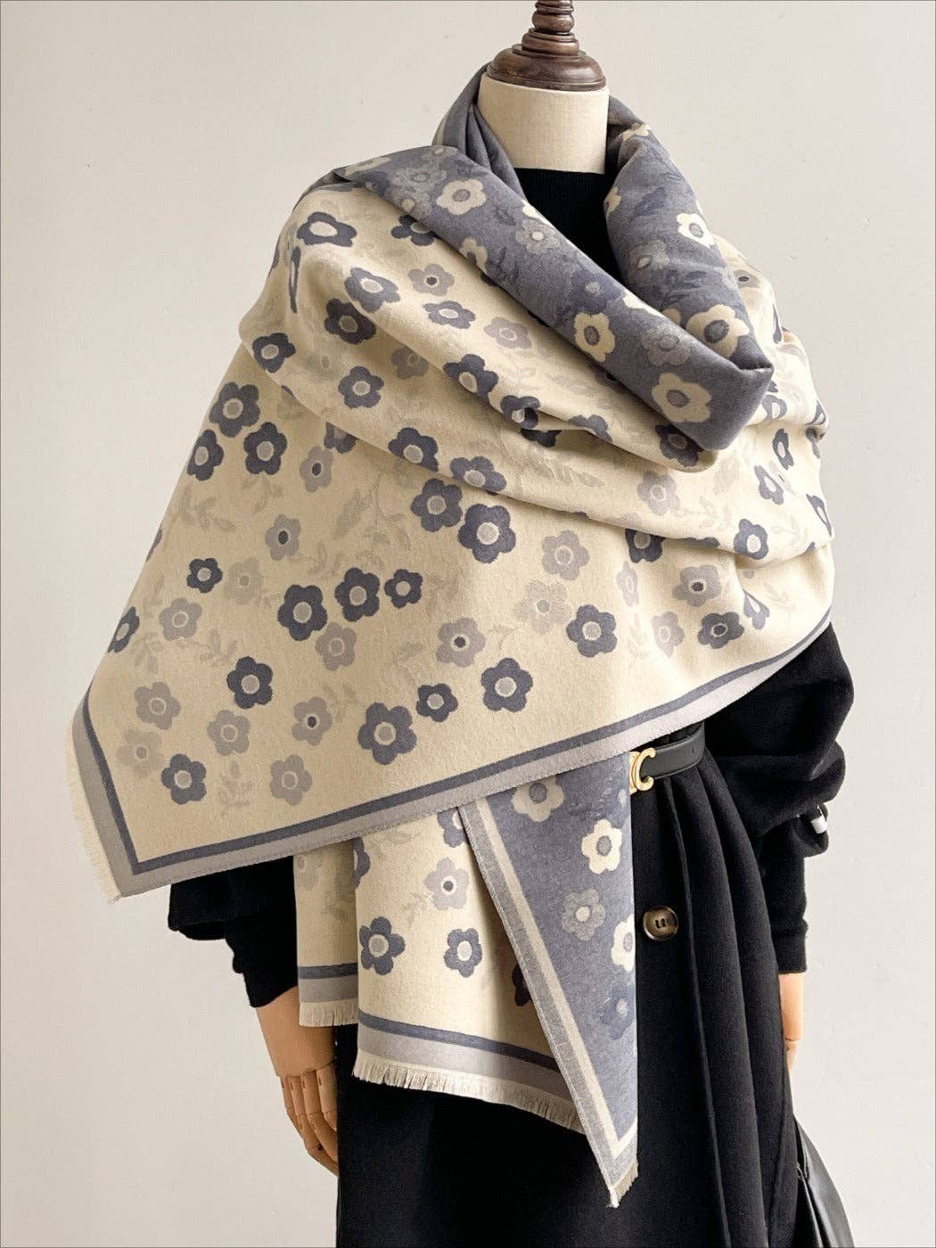 Blue & Creamy White Reversible Scarvii Floral Shawl & Scarf