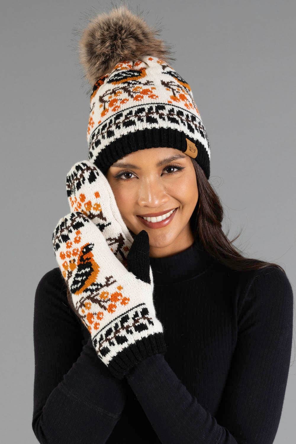 Black & Cream Bird Pattern Knit Mittens
