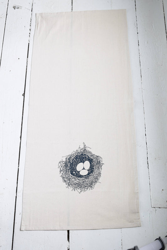 Navy Blue Organic Cotton Bird's Nest Printed Tea Towel