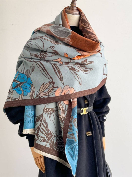Reversible Floral Print Scarf & Shawl – Blue & Orange
