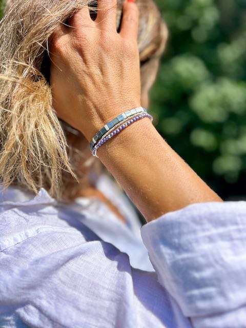 Slate Grey-Blue & Silver Patterned Tila Bead Stacked Bracelet Set