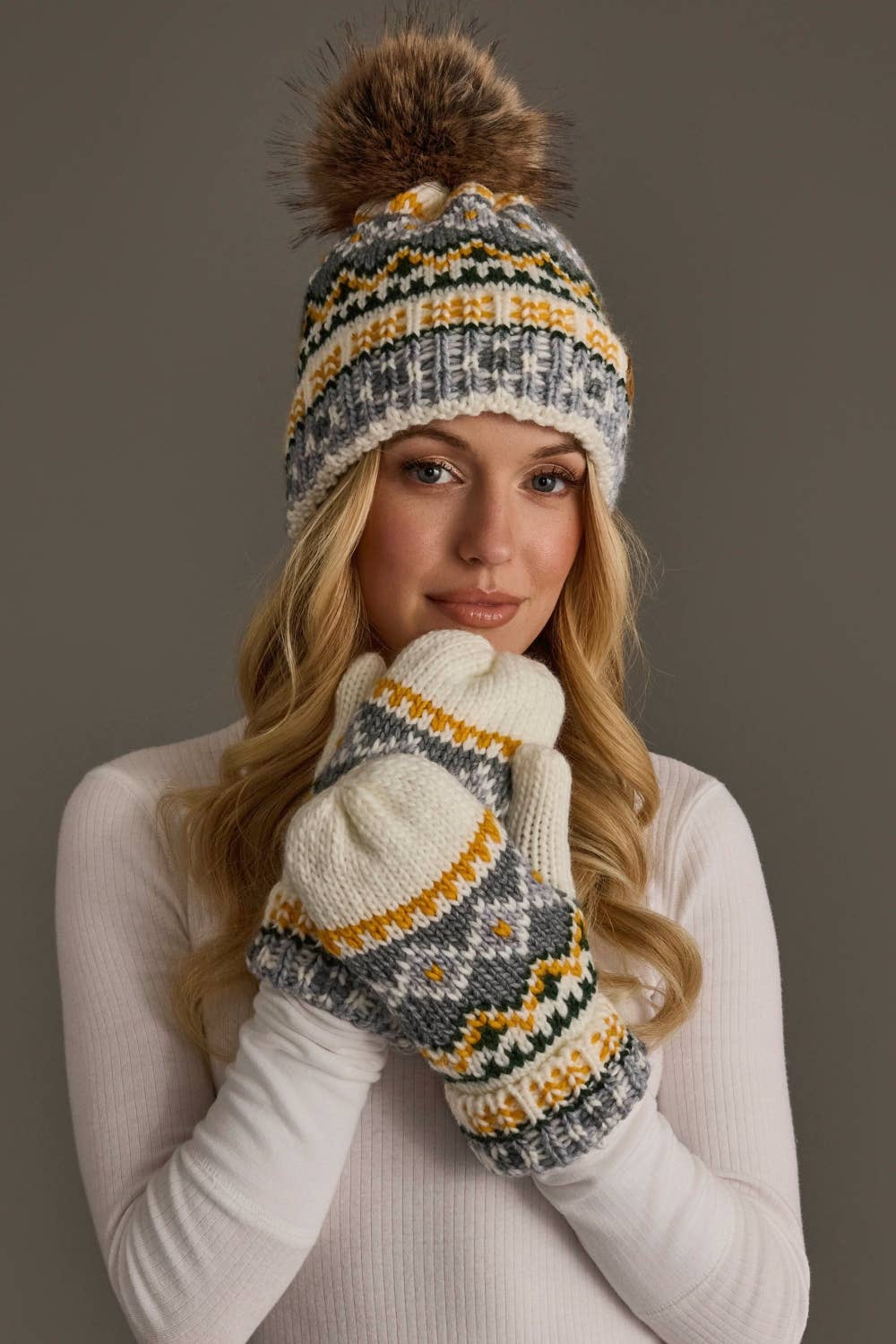 Ivory, Green, Gray & Gold Patterned Mittens