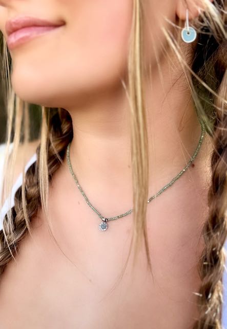 Speckled Green Stretchy Seed Bead Boho Necklace with Sterling Silver Daisy Stamped Charm