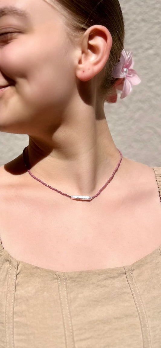 Stretchy Pale Pink Seed Bead & Freshwater Pearl Bar Necklace