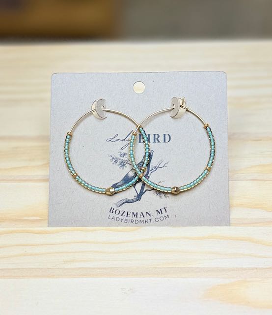 Frosted Green and Gold Boho Seed Beaded Hoop Earrings