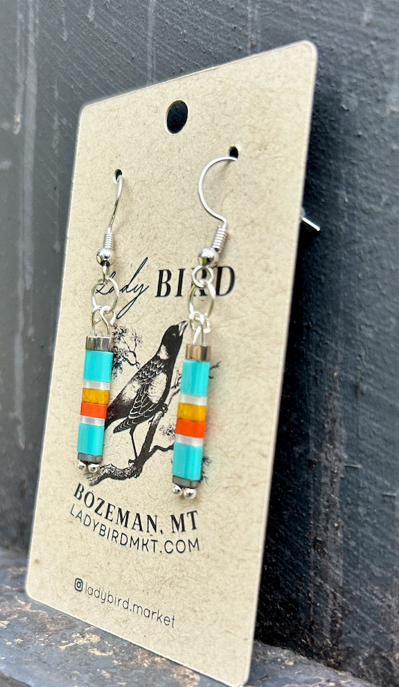 Retro Blue Stripes with Silver or Gold Tila Bead Earrings