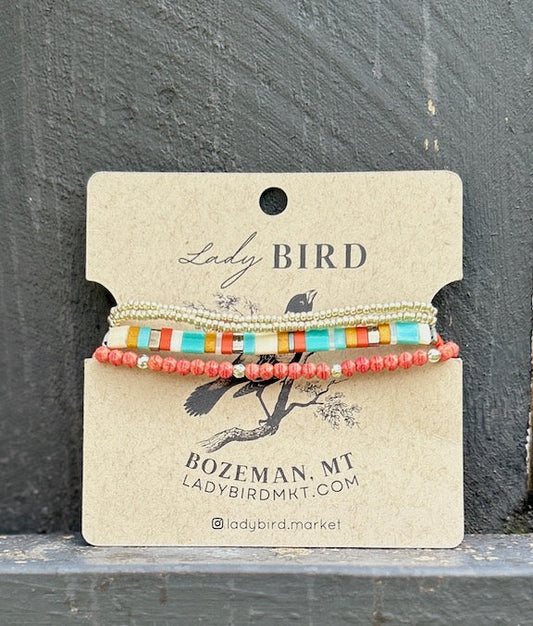 Boho Bracelet Set – Retro Style Orange Mixed Miyuki Tila Beads with Czech Glass Wrap