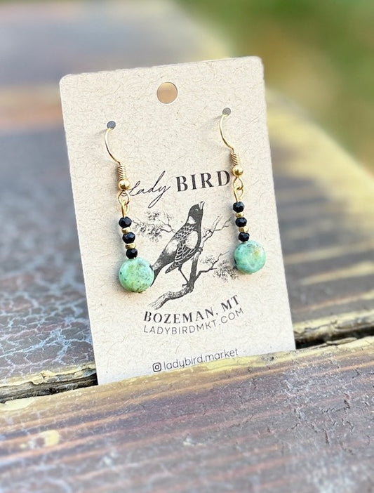 African Turquoise & Onyx Beaded Gemstone Dangle Earrings in Gold or Silver