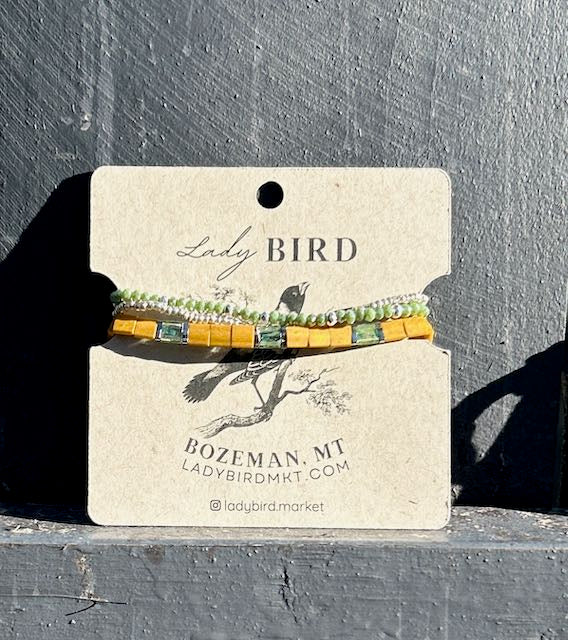 Sunflower, Mossy Green & Silver or Gold Tila Bead Stacked Bracelet Set