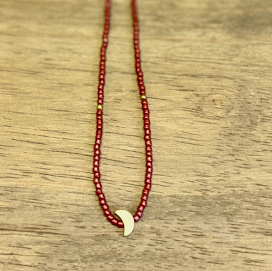 Shiny Ruby Red Stretchy Seed Bead Necklace with Gold Crescent Moon Charm