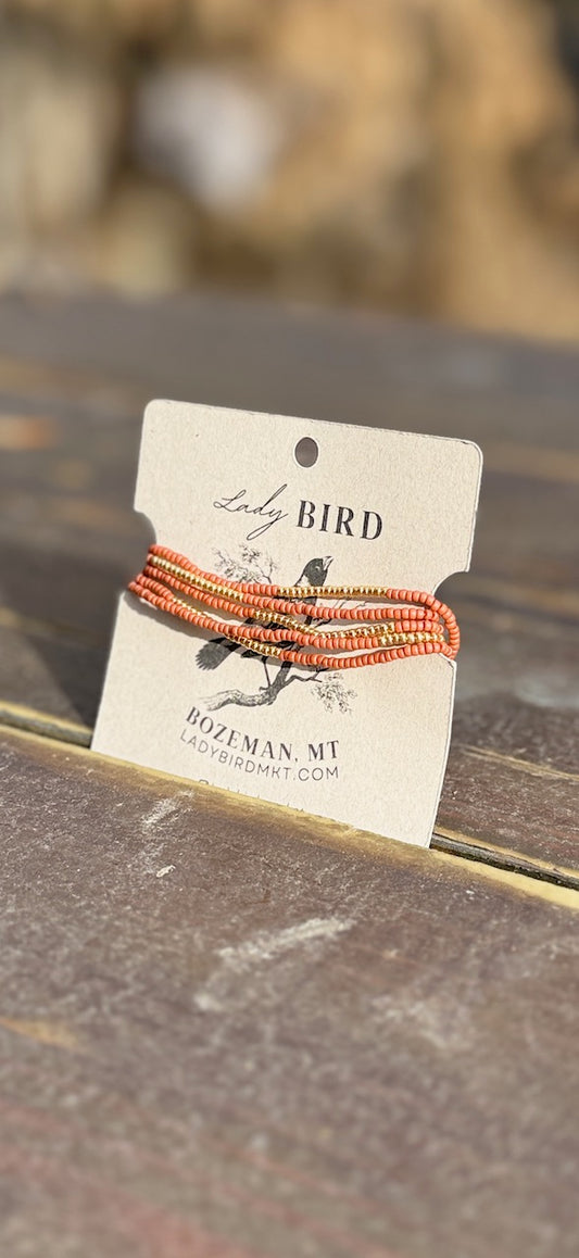 Burnt Orange & Silver or Gold Striped Beaded Boho Wrap Bracelet/Necklace