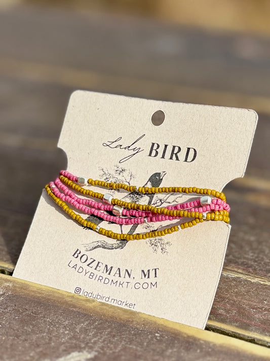 Neapolitan Burnt Yellow & Pink Gold or Silver Beaded Boho Wrap Bracelet / Necklace