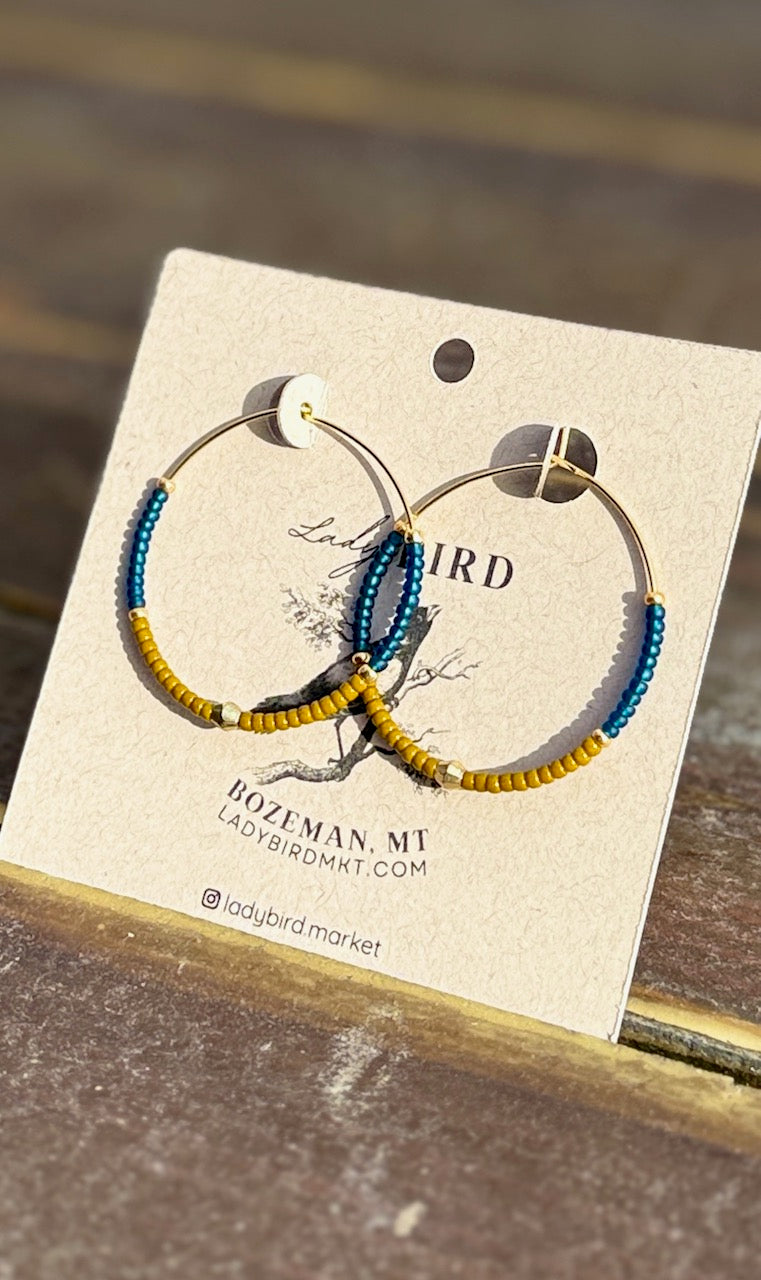 Burnt Yellow, Navy Blue & Silver or Gold Beaded Boho-Style Hoop Earrings