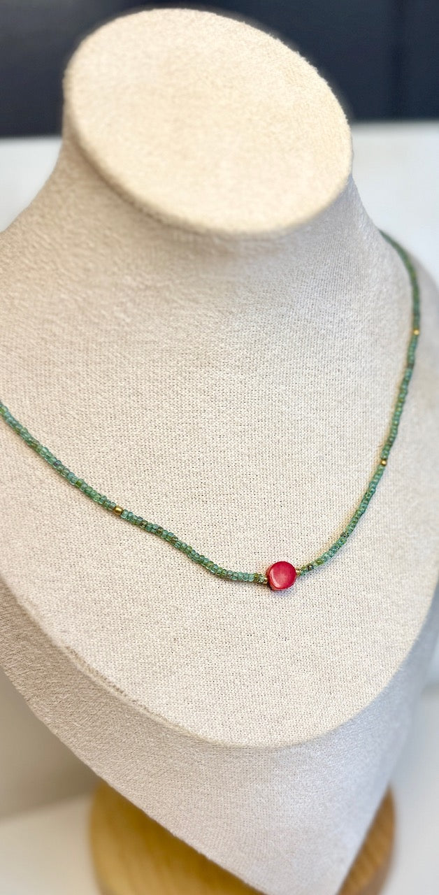 Stretchy Speckled Green Seed Bead Necklace with Vibrant Coral Gemstone Pendant