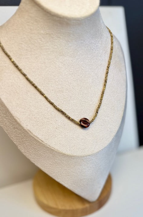 Stretchy Speckled Beige Seed Bead Necklace with Tiger's Eye Coin Gemstone Pendant