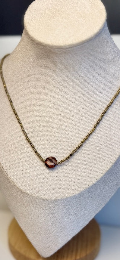 Stretchy Speckled Beige Seed Bead Necklace with Tiger's Eye Coin Gemstone Pendant