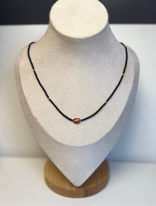Stretchy Black Seed Bead Necklace with Red Jasper Gemstone Pendant