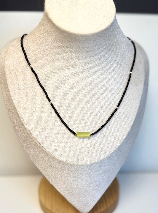 Stretchy Black Seed Bead Necklace with Yellow Jade Gemstone Pendant