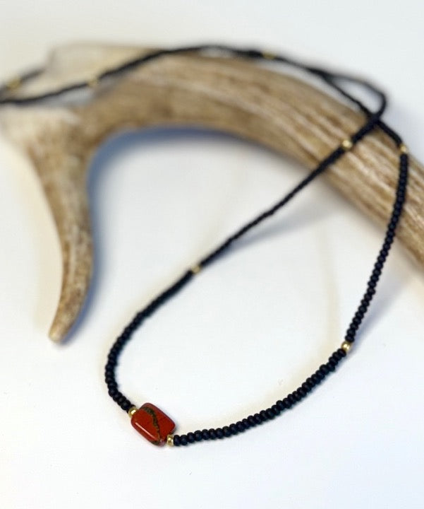 Stretchy Black Seed Bead Necklace with Red Jasper Gemstone Pendant