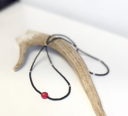 Stretchy Black Seed Bead Necklace with Vibrant Red Coral Gemstone Pendant