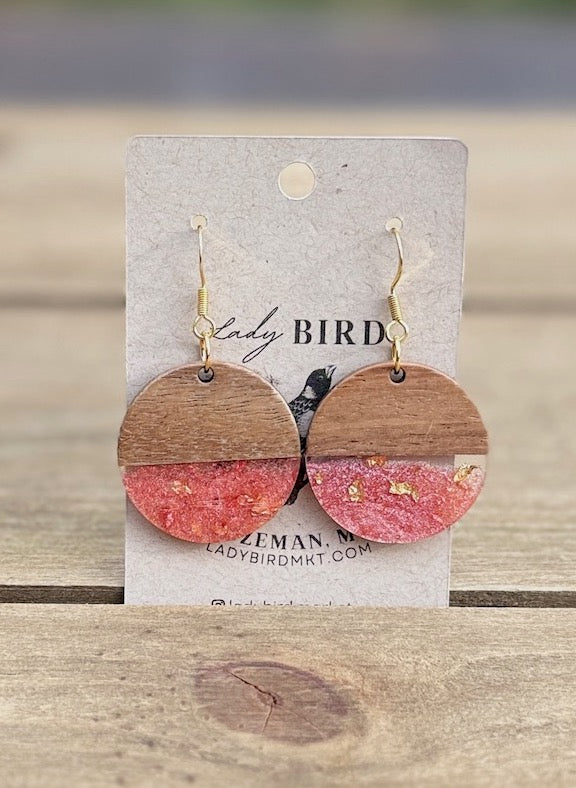 coral pink resin and walnut wood round earrings