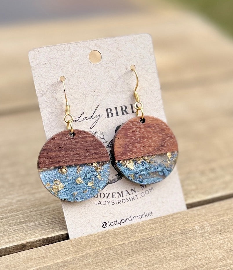 resin and walnut wood round earrings