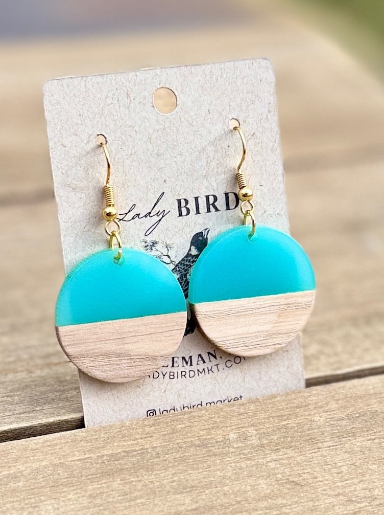 Walnut Wood & Vibrant Turquoise Resin Coin Earrings