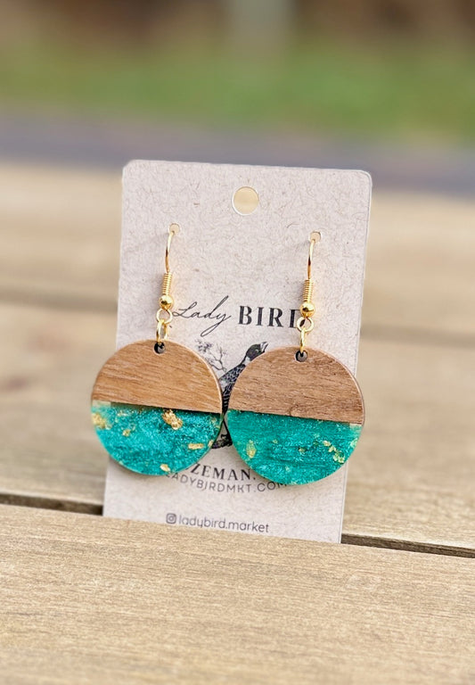handcrafted wood and green resin dangle earrings with gold