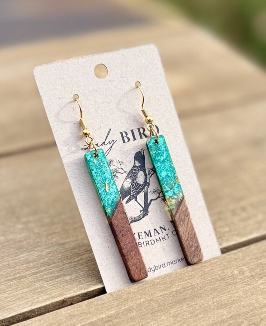 sea green pearlescent resin and walnut wood earrings with gold foil
