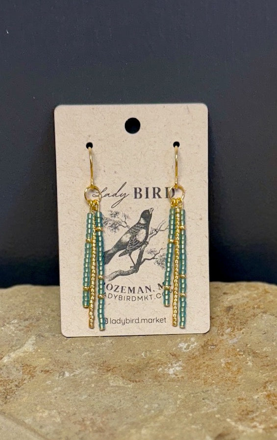 Translucent Jade & Silver or Gold Strand Seed Bead Dangle Earrings