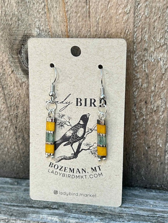 Sunflower & Mossy Green Beaded Tila Dangle Earrings