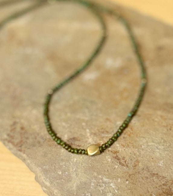 Hunter Green Stretchy Seed Bead Necklace with Gold Nugget Charm