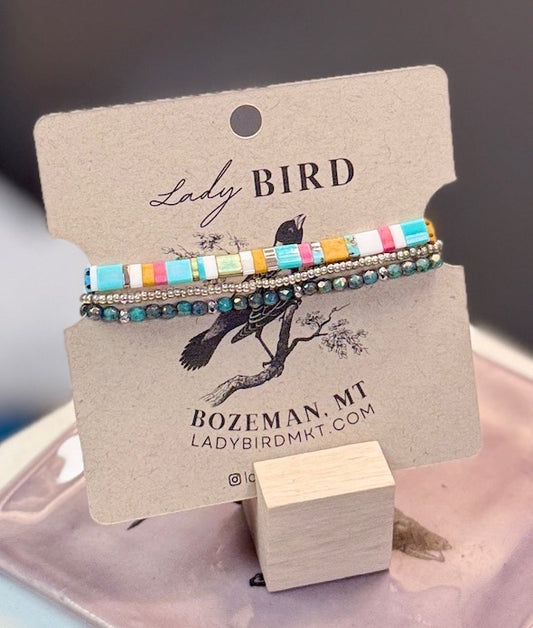 Beach Bum Color Mix with Dark Teal Green Stretchy Tila Bead Bracelet Set