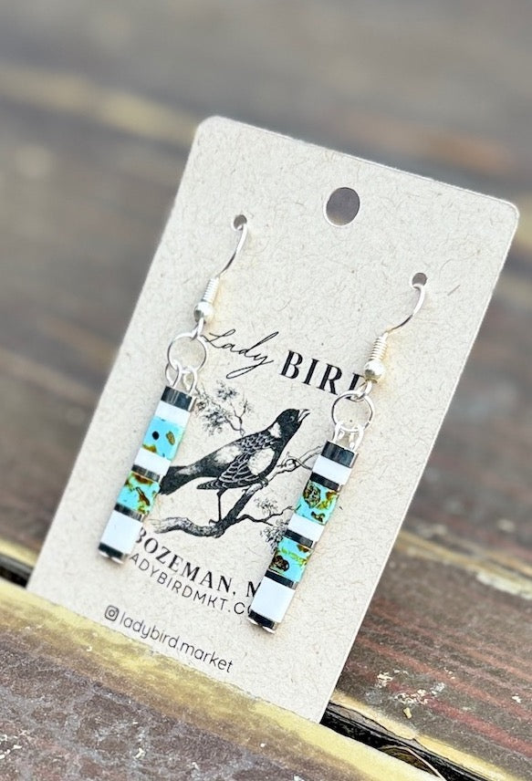 Speckled Turquoise & White Tila Bead Dangle Earrings