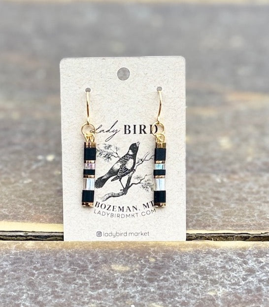 Jet Black Tila & Sleek Shiny Grey Tila Bead Dangle Earrings