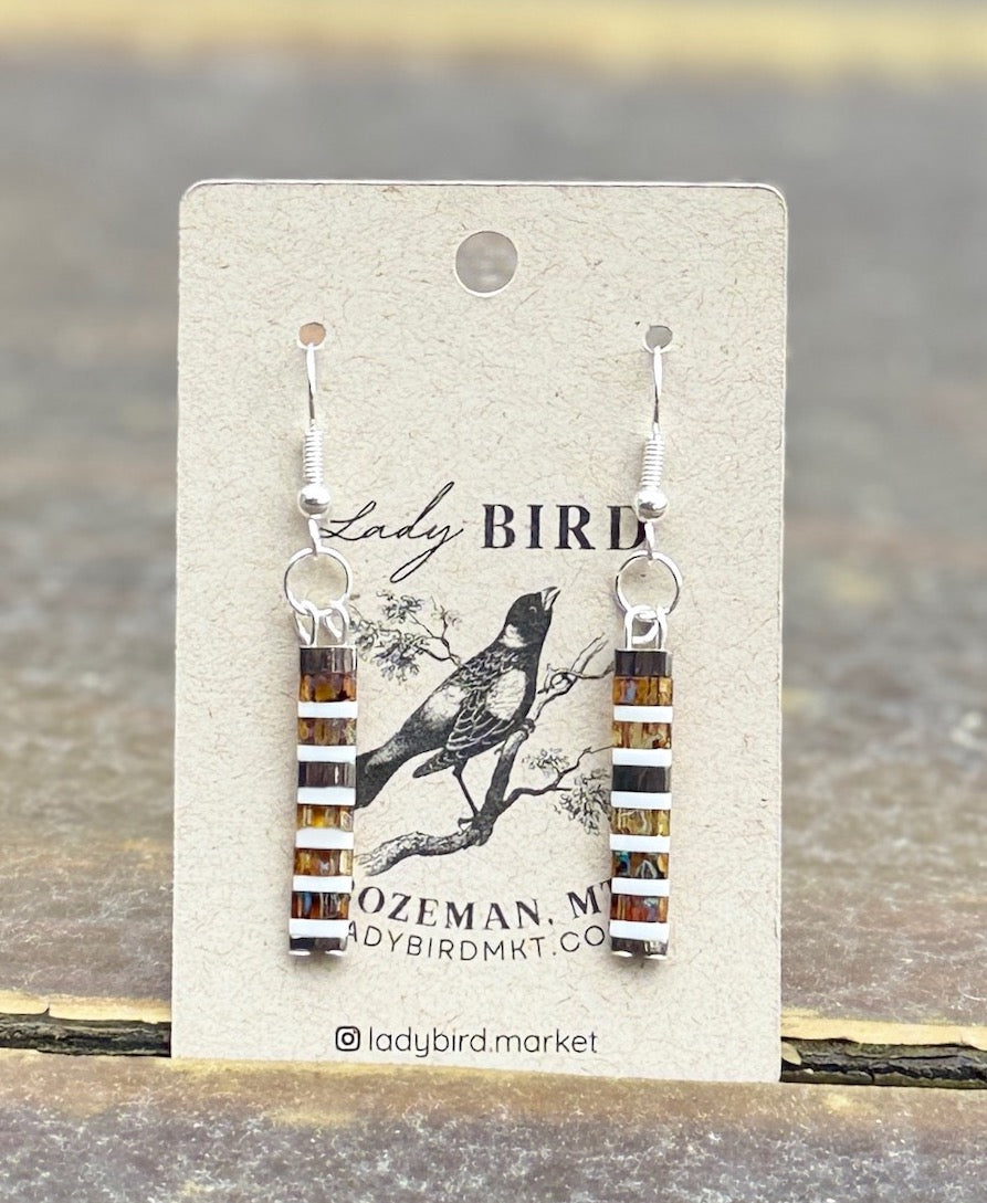 Hazy Amber & White Stripes Tila Bead Dangle Earrings | Handmade Boho Jewelry