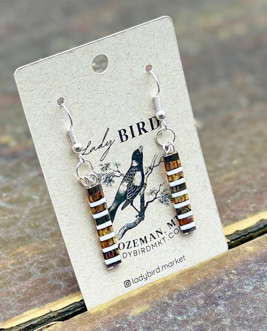 Hazy Amber & White Stripes Tila Bead Dangle Earrings | Handmade Boho Jewelry