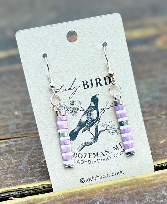 Shiny Lilac & White Stripes Tila Bead Dangle Earrings | Handmade Boho Jewelry
