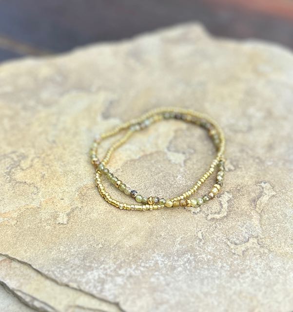 Green Garnet with Gold or Silver Stretchy Gemstone Wrap Bracelet
