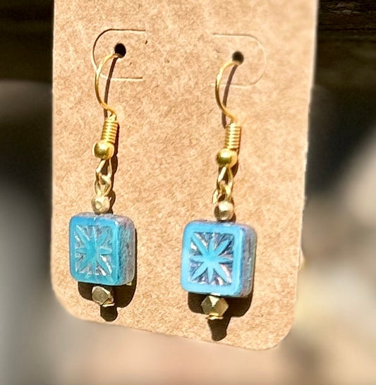 Blue & Gold Star-Flower Etched Glass Earrings